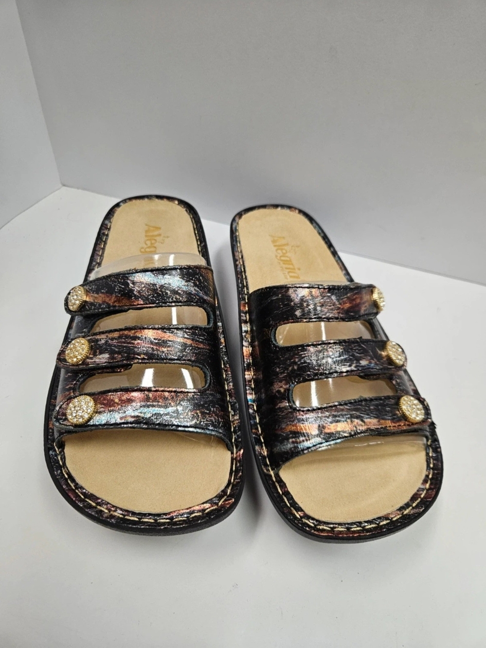 Alegria Women's Black and Copper Metallic Triple-Button Slide Sandals